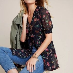 Anthropologie Salzburg Sheer Floral Button Up Women's Tunic Blouse Size MP